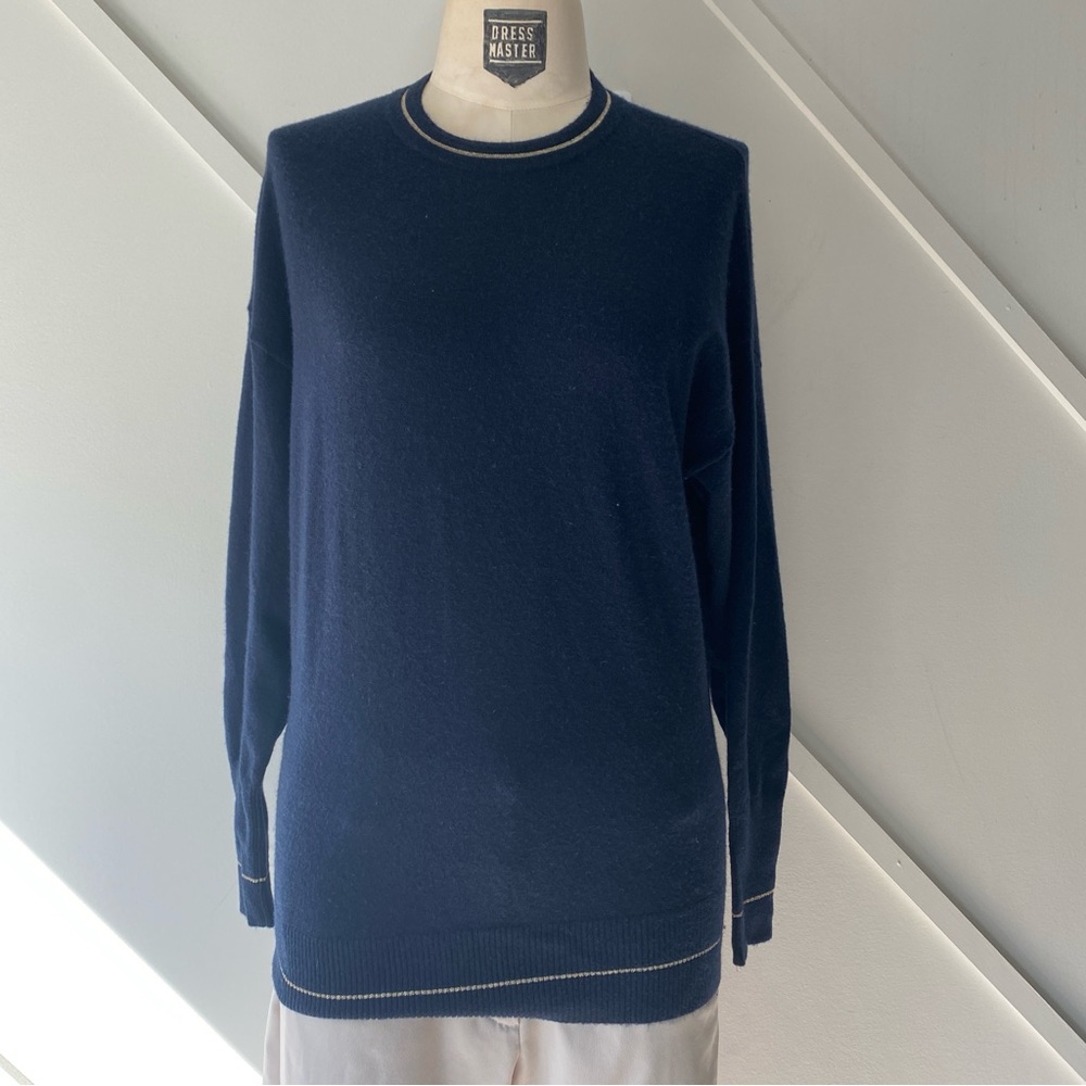 Ted Baker Wool Blend Crew Neck Sweater Size 0 | Black Knit with Gold Piping